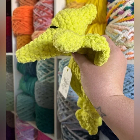Handmade Crochet mini sparkle green dinosaur knotted lovey - Picture 3 of 5